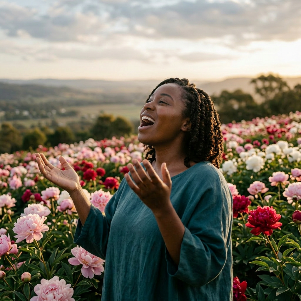 A woman meditating outdoors with eyes closed and hands raised