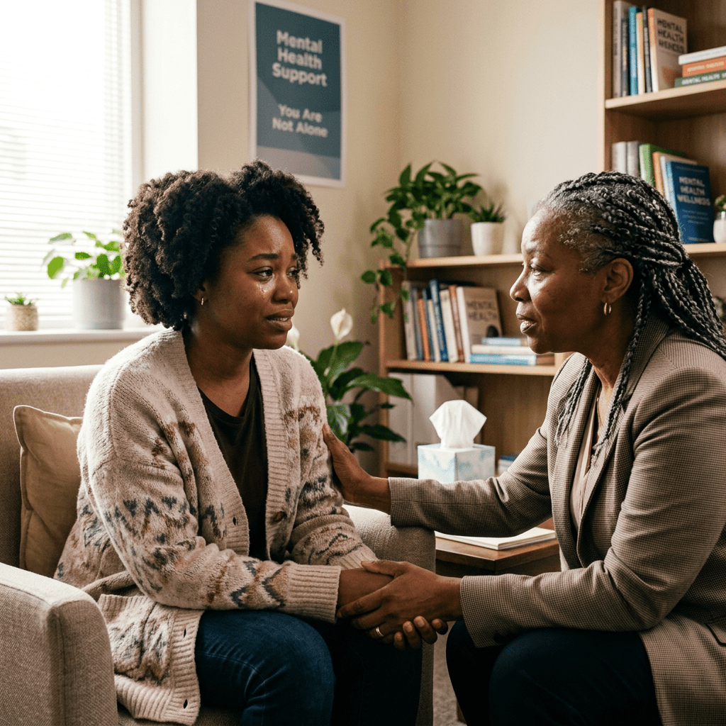 Counselor offering emotional support to a crying woman in an office